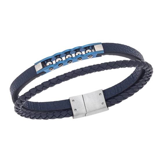 Βραχιόλι διπλό Senza Men&#039;s Steel, Blue Leather Strap, με ασημί &amp; μπλε σχέδιο