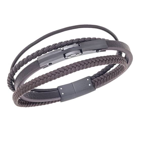 Βραχιόλι τριπλό Senza Men&#039;s Steel, Brown Leather Strap, με μαύρο σχέδιο
