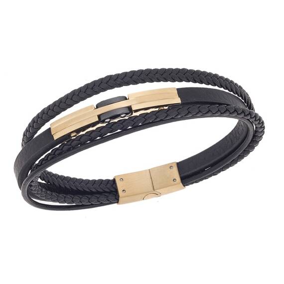 Βραχιόλι τριπλό Senza Men&#039;s Gold Plated Steel, Black Leather Strap, με χρυσό &amp; μαύρο σχέδιο