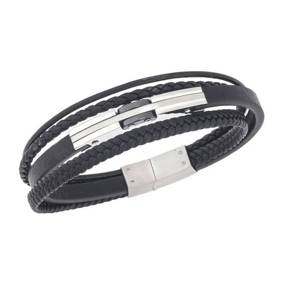 Βραχιόλι τριπλό Senza Men&#039;s Steel, Black Leather Strap, με ασημί &amp; μαύρο σχέδιο