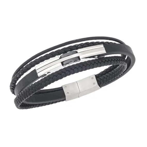 Βραχιόλι τριπλό Senza Men&#039;s Steel, Black Leather Strap, με ασημί &amp; μαύρο σχέδιο