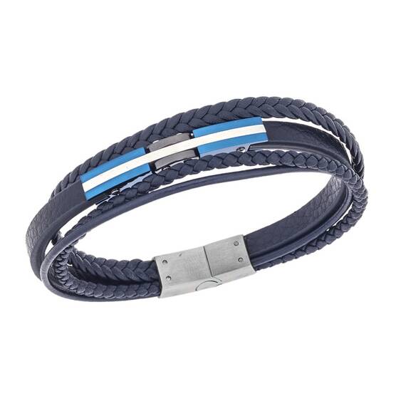 Βραχιόλι τριπλό Senza Men&#039;s Steel, Blue Leather Strap, με ασημί &amp; μπλε σχέδιο