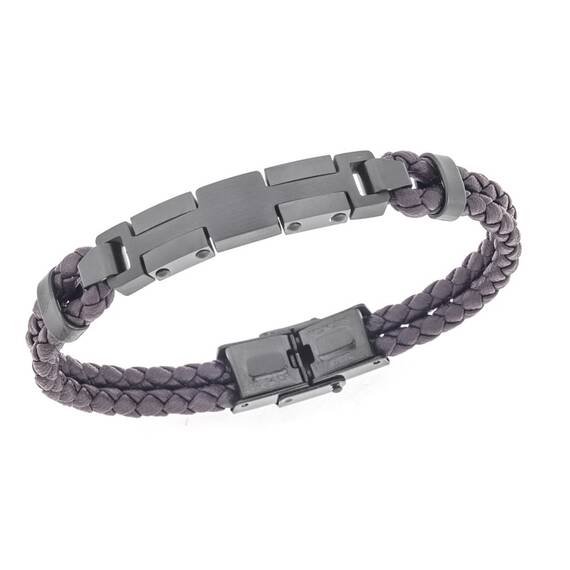 Βραχιόλι διπλό Senza Men&#039;s Steel, Brown Leather Strap, με μαύρο σχέδιο