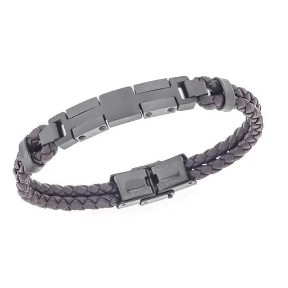 Βραχιόλι διπλό Senza Men&#039;s Steel, Brown Leather Strap, με μαύρο σχέδιο