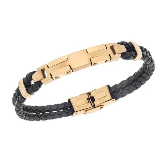 Βραχιόλι διπλό Senza Men&#039;s Gold Plated Steel, Black Leather Strap, με χρυσό σχέδιο