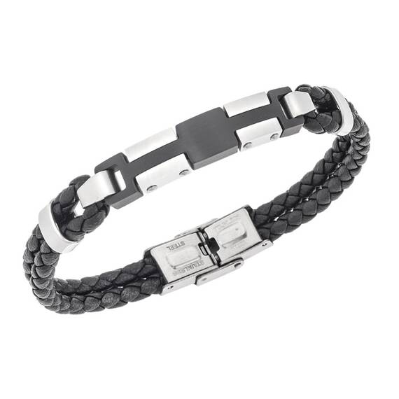 Βραχιόλι διπλό Senza Men&#039;s Steel, Black Leather Strap, με ασημί &amp; μαύρο σχέδιο