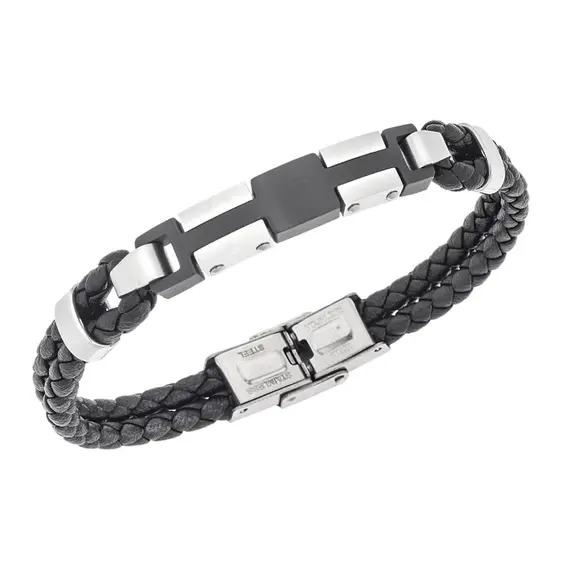 Βραχιόλι διπλό Senza Men&#039;s Steel, Black Leather Strap, με ασημί &amp; μαύρο σχέδιο
