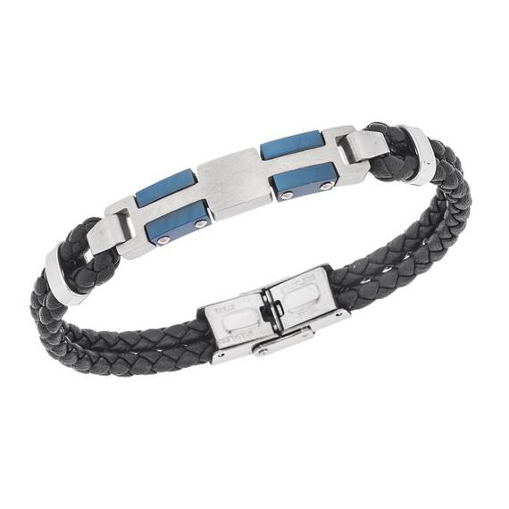 Βραχιόλι διπλό Senza Men&#039;s Steel, Black Leather Strap, με ασημί &amp; μπλε σχέδιο
