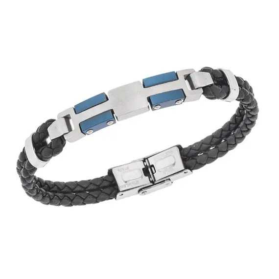 Βραχιόλι διπλό Senza Men&#039;s Steel, Black Leather Strap, με ασημί &amp; μπλε σχέδιο