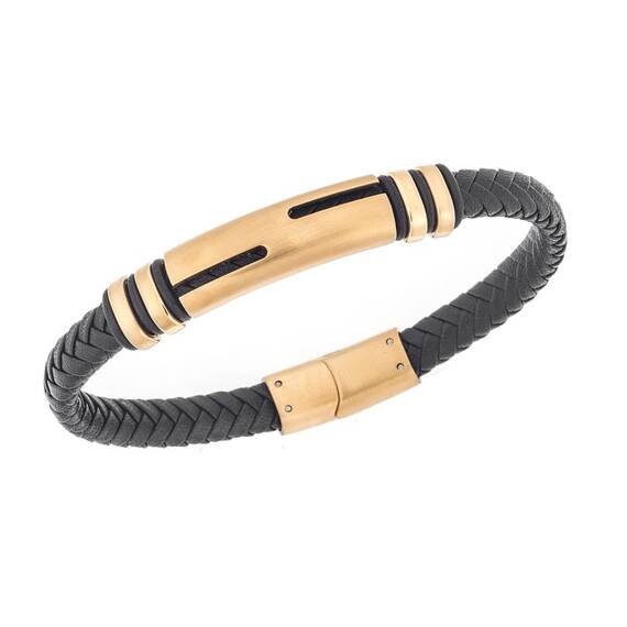 Βραχιόλι Senza Men&#039;s Gold Plated Steel, Black Leather Strap, με χρυσό σχέδιο