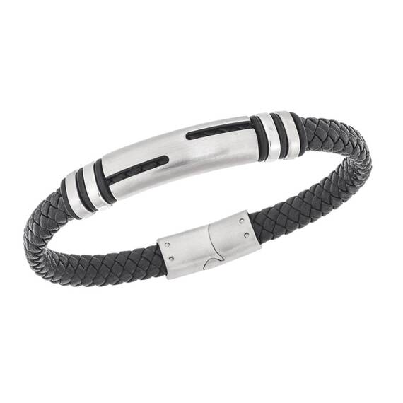 Βραχιόλι Senza Men&#039;s Steel, Black Leather Strap, με ασημί σχέδιο