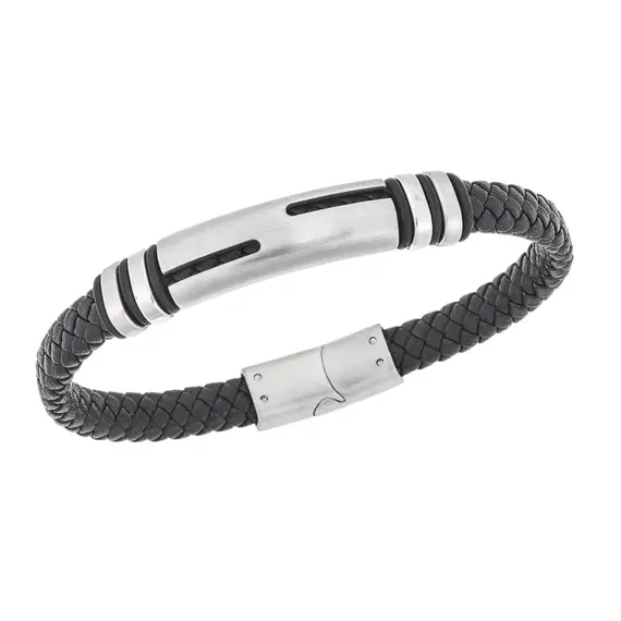 Βραχιόλι Senza Men&#039;s Steel, Black Leather Strap, με ασημί σχέδιο
