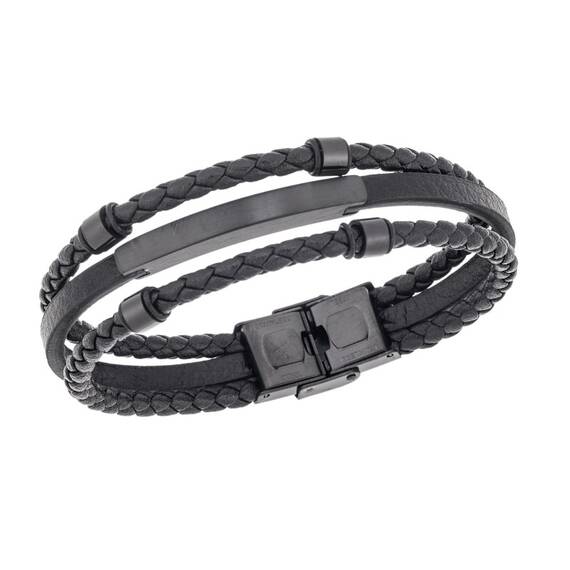 Βραχιόλι τριπλό Senza Men&#039;s Steel, Black Leather Strap, με μαύρη ταυτότητα και στοιχεία