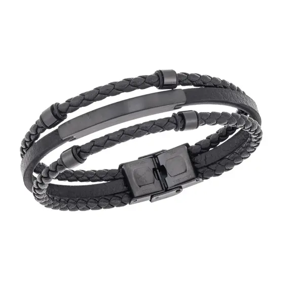 Βραχιόλι τριπλό Senza Men&#039;s Steel, Black Leather Strap, με μαύρη ταυτότητα και στοιχεία