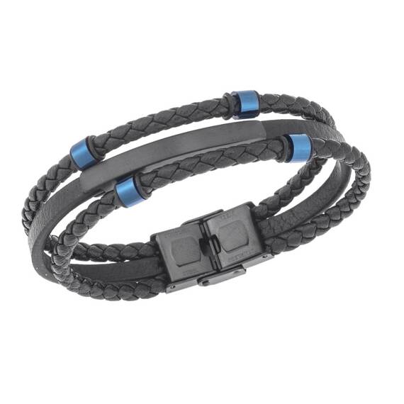 Βραχιόλι τριπλό Senza Men&#039;s Steel, Black Leather Strap, με μαύρη ταυτότητα και μπλε στοιχεία