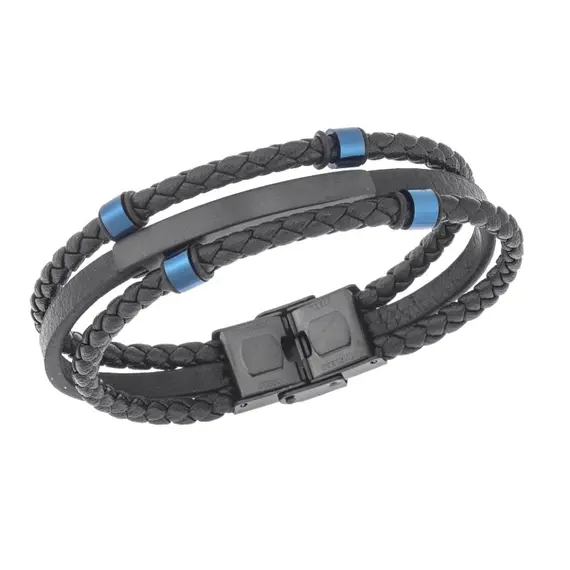 Βραχιόλι τριπλό Senza Men&#039;s Steel, Black Leather Strap, με μαύρη ταυτότητα και μπλε στοιχεία