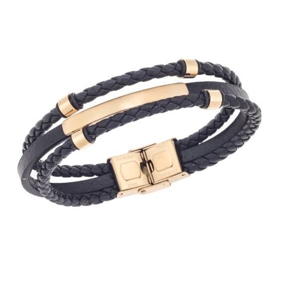 Βραχιόλι τριπλό Senza Men&#039;s Gold Plated Steel, Black Leather Strap, με χρυσή ταυτότητα και στοιχεία