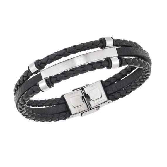 Βραχιόλι τριπλό Senza Men&#039;s Steel, Black Leather Strap, με ασημί ταυτότητα και στοιχεία