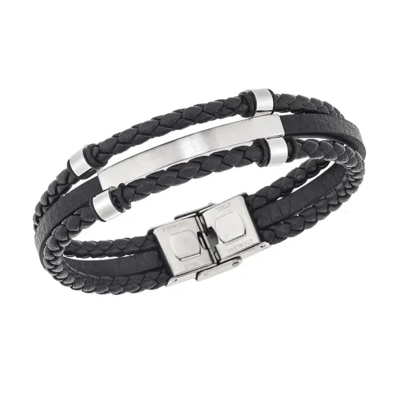 Βραχιόλι τριπλό Senza Men&#039;s Steel, Black Leather Strap, με ασημί ταυτότητα και στοιχεία