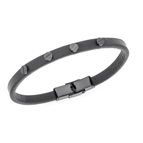 Βραχιόλι Senza Men&#039;s Steel, Black Leather Strap, με μαύρα στοιχεία
