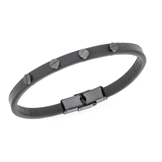 Βραχιόλι Senza Men&#039;s Steel, Black Leather Strap, με μαύρα στοιχεία