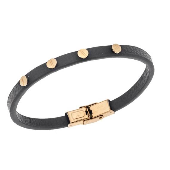 Βραχιόλι Senza Men&#039;s Gold Plated Steel, Black Leather Strap, με χρυσά στοιχεία