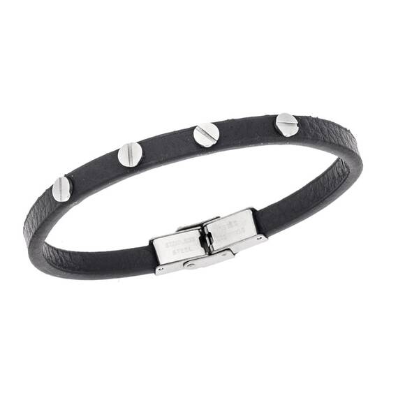 Βραχιόλι Senza Men&#039;s Steel, Black Leather Strap, με ασημί στοιχεία