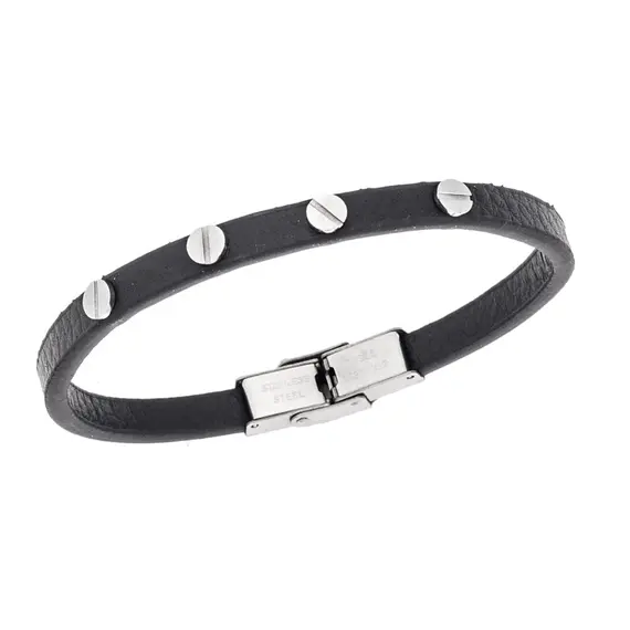 Βραχιόλι Senza Men&#039;s Steel, Black Leather Strap, με ασημί στοιχεία