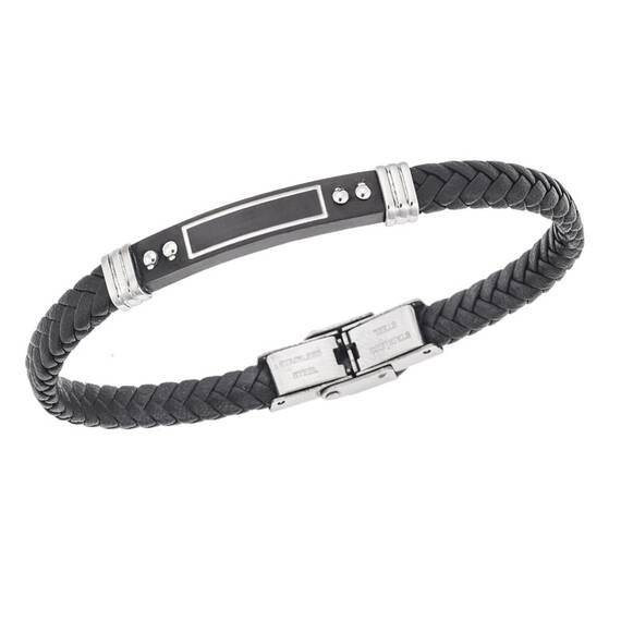 Βραχιόλι Senza Men&#039;s Steel, Black Leather Strap, με μαύρη ταυτότητα
