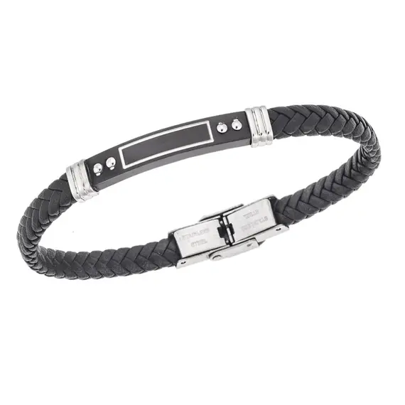 Βραχιόλι Senza Men&#039;s Steel, Black Leather Strap, με μαύρη ταυτότητα