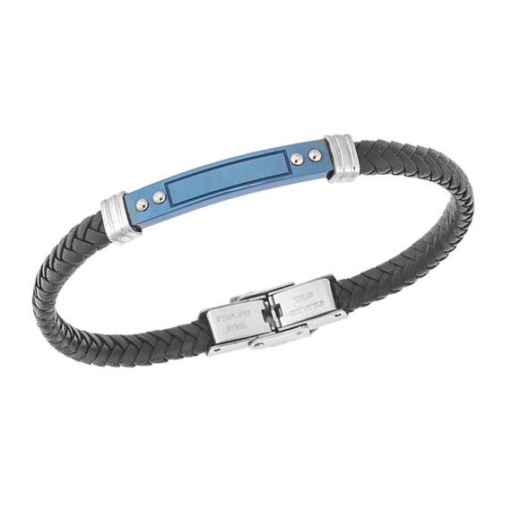 Βραχιόλι Senza Men&#039;s Steel, Black Leather Strap, με δίχρωμη ταυτότητα