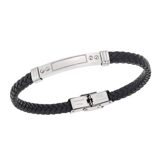 Βραχιόλι Senza Men&#039;s Steel, Black Leather Strap, με ασημί ταυτότητα