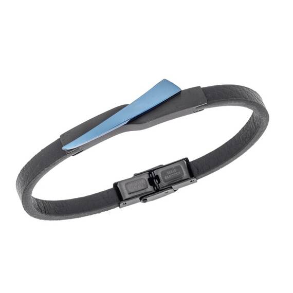 Βραχιόλι Senza Men&#039;s Black Steel, Black Leather Strap, με μαύρο &amp; μπλε σχέδιο