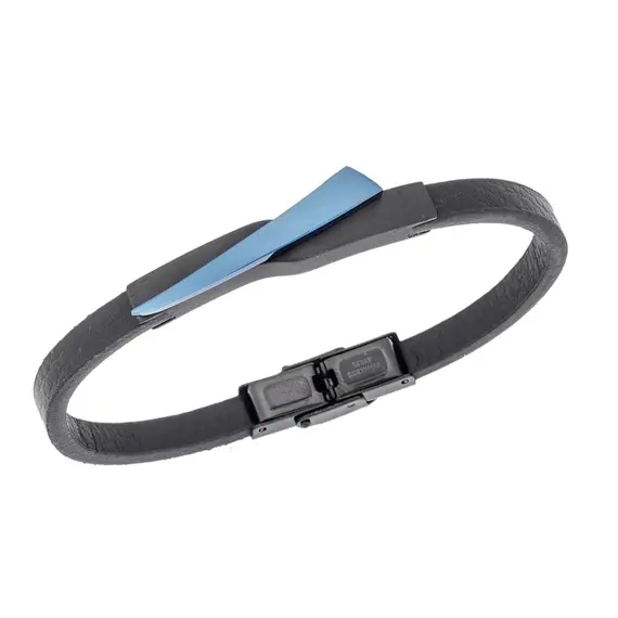 Βραχιόλι Senza Men&#039;s Black Steel, Black Leather Strap, με μαύρο &amp; μπλε σχέδιο