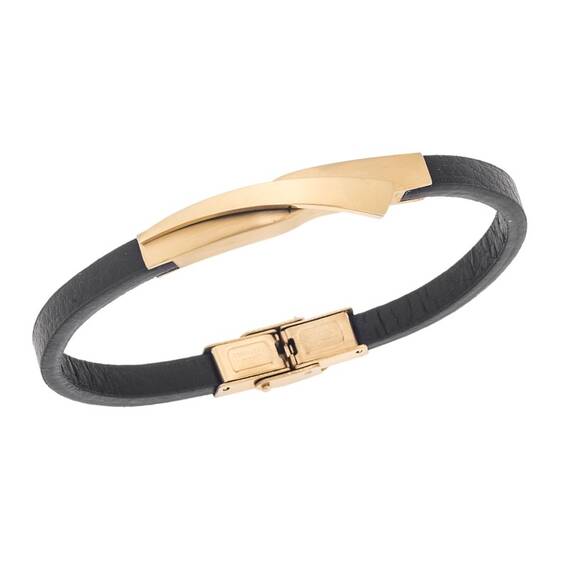 Βραχιόλι Senza Men&#039;s Gold Plated Steel, Black Leather Strap, με χρυσό σχέδιο