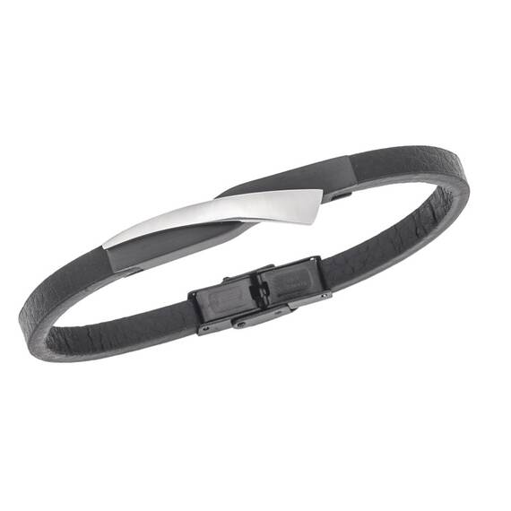 Βραχιόλι Senza Men&#039;s Black Steel, Black Leather Strap, με μαύρο &amp; ασημί σχέδιο