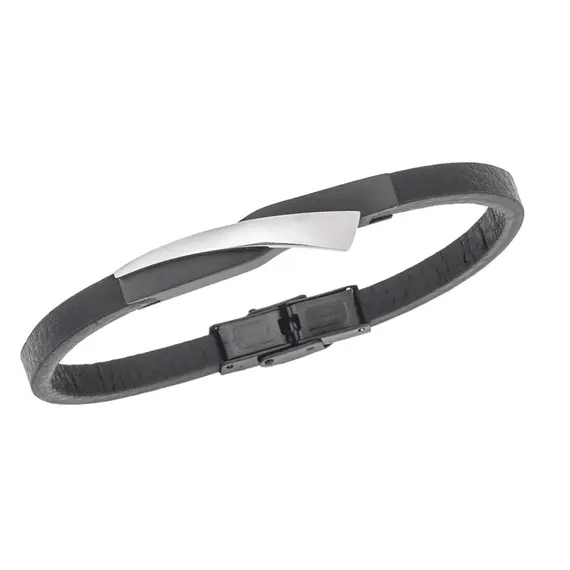 Βραχιόλι Senza Men&#039;s Black Steel, Black Leather Strap, με μαύρο &amp; ασημί σχέδιο