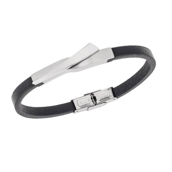 Βραχιόλι Senza Men&#039;s Steel, Black Leather Strap, με ασημί σχέδιο