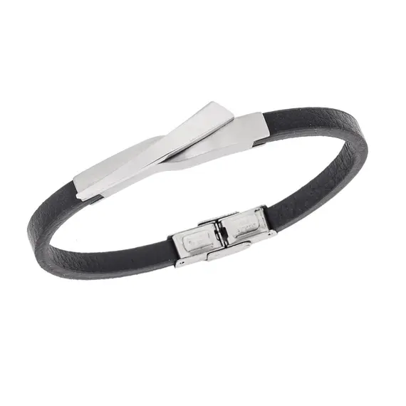 Βραχιόλι Senza Men&#039;s Steel, Black Leather Strap, με ασημί σχέδιο