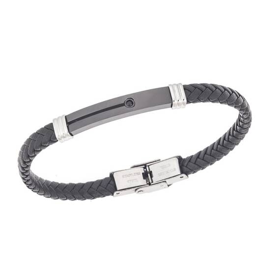 Βραχιόλι Senza Men&#039;s Steel, Black Leather Strap, δίχρωμο με μαύρη πέτρα