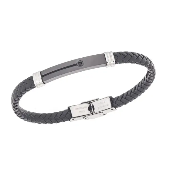 Βραχιόλι Senza Men&#039;s Steel, Black Leather Strap, δίχρωμο με μαύρη πέτρα