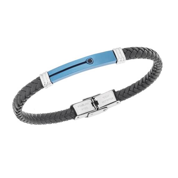Βραχιόλι Senza Men&#039;s Steel, Black Leather Strap, δίχρωμο με μαύρη πέτρα