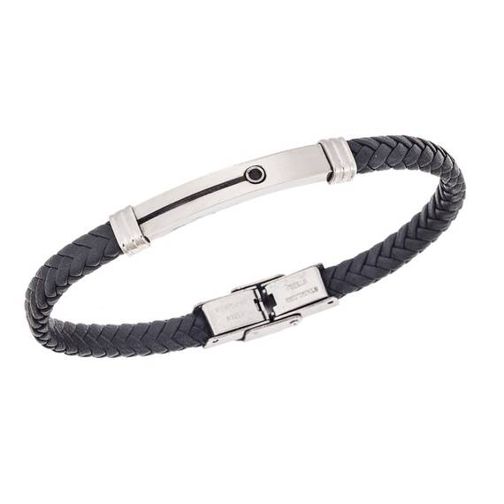 Βραχιόλι Senza Men&#039;s Steel, Black Leather Strap, με μαύρη πέτρα