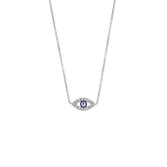 Κολιέ Senza Silver 925, Ματάκι μπλε με σμάλτο και λευκά ζιργκόν