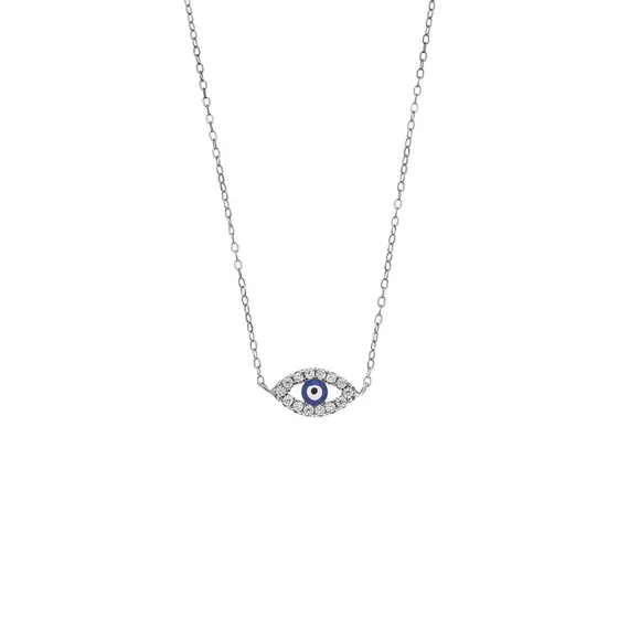 Κολιέ Senza Silver 925, Ματάκι μπλε με σμάλτο και λευκά ζιργκόν