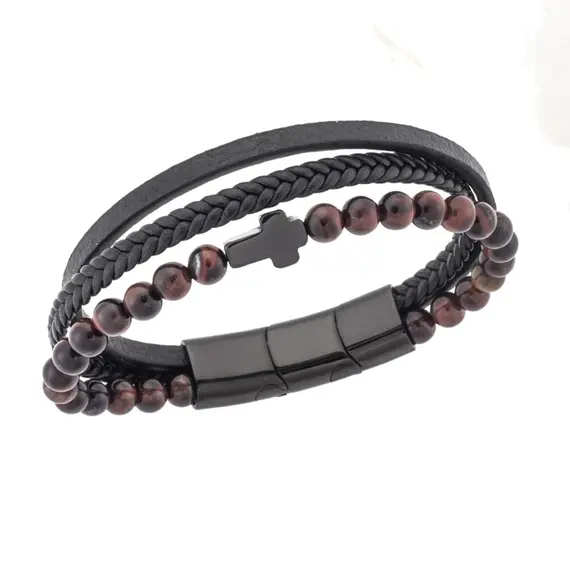 Βραχιόλι Senza Men&#039;s Steel Black Leather Strap with Cross