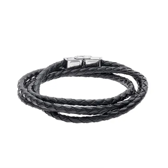 Βραχιόλι Senza Men&#039;s Steel Black Leather Strap