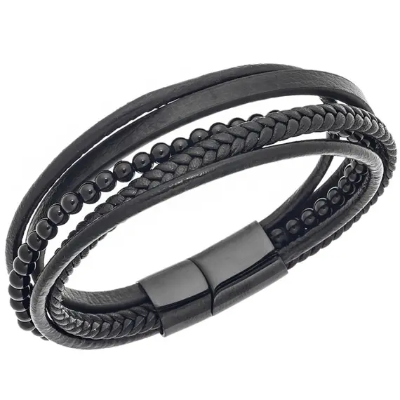 Βραχιόλι Senza Men&#039;s Steel Black Leather Strap