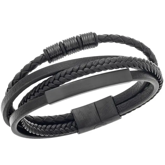 Βραχιόλι Senza Men&#039;s Steel Black Leather Strap