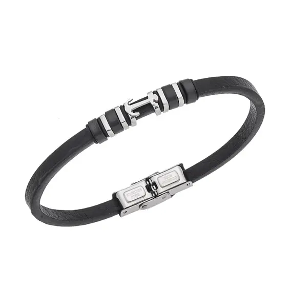 Βραχιόλι Senza Men&#039;s Steel, Black Leather Strap With Silver Anchor